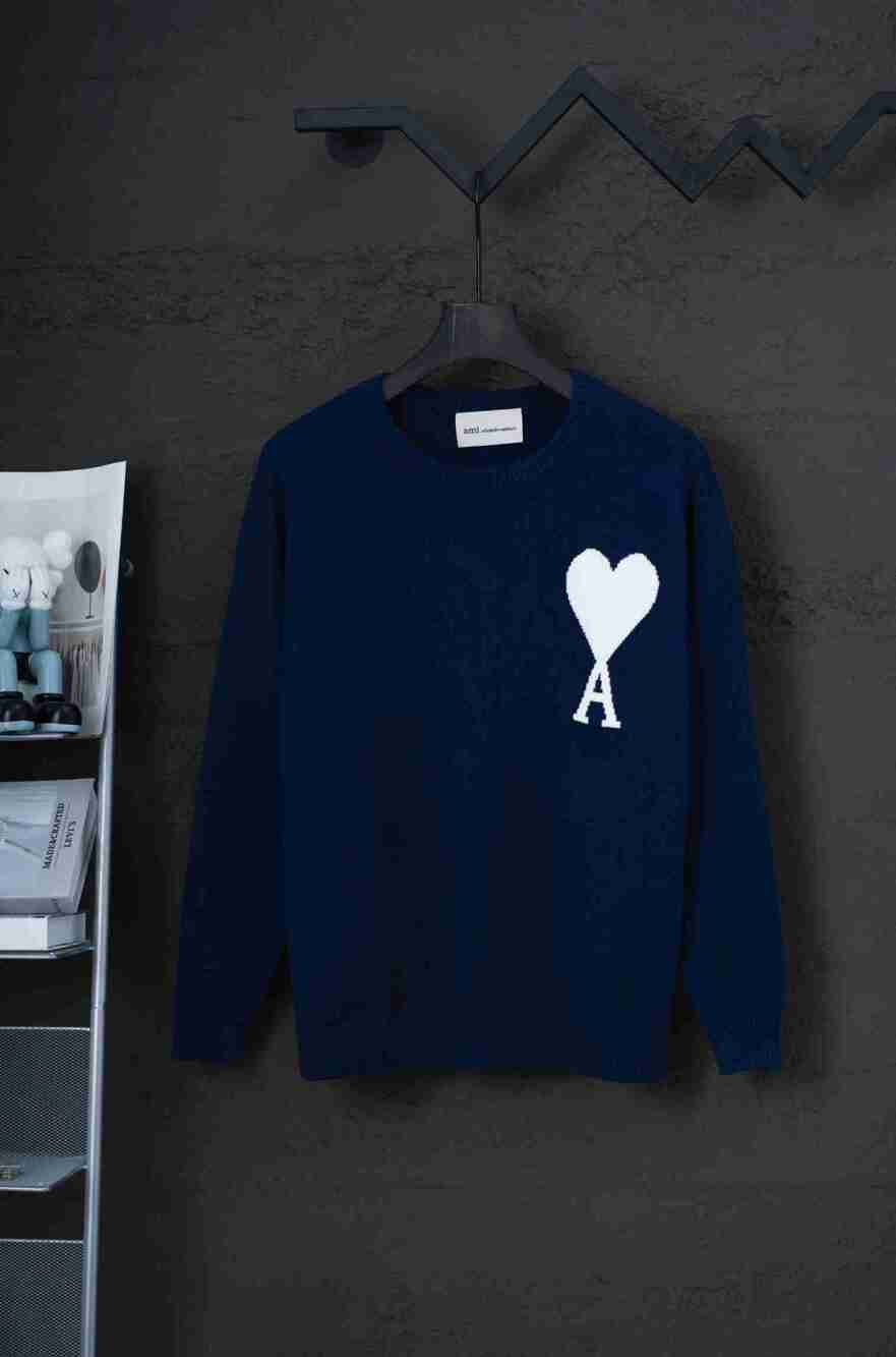 AMI Paris Navy Blue Unisex White Heart‑A Crewneck Sweater